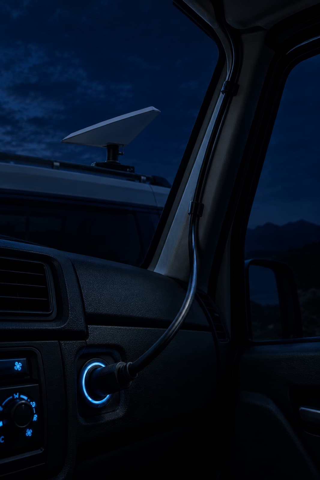 A DC cable running from a vehicle's 12-volt socket up to a flat dish mounted on the roof