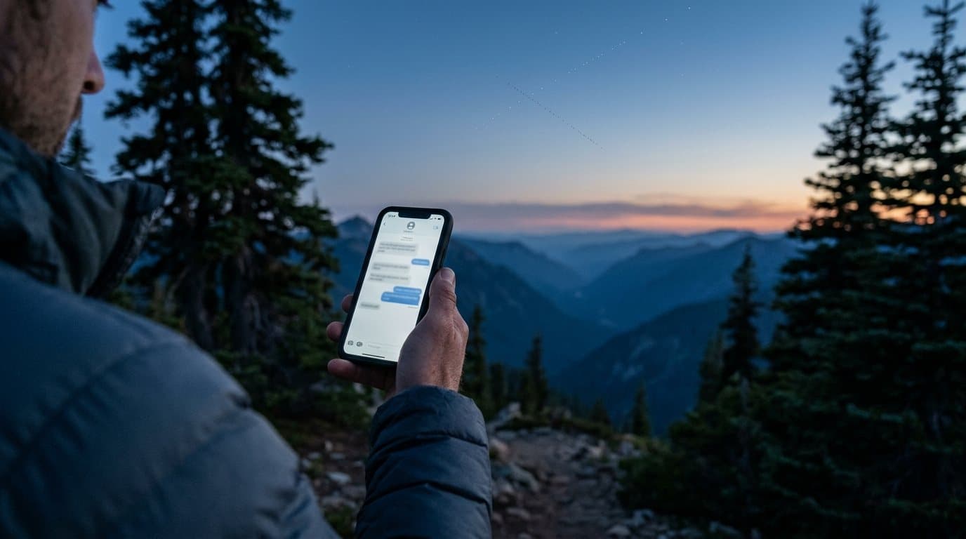 A hiker on a remote mountain ridge at dusk reading text messages on a phone, with a line of satellites crossing the sky
