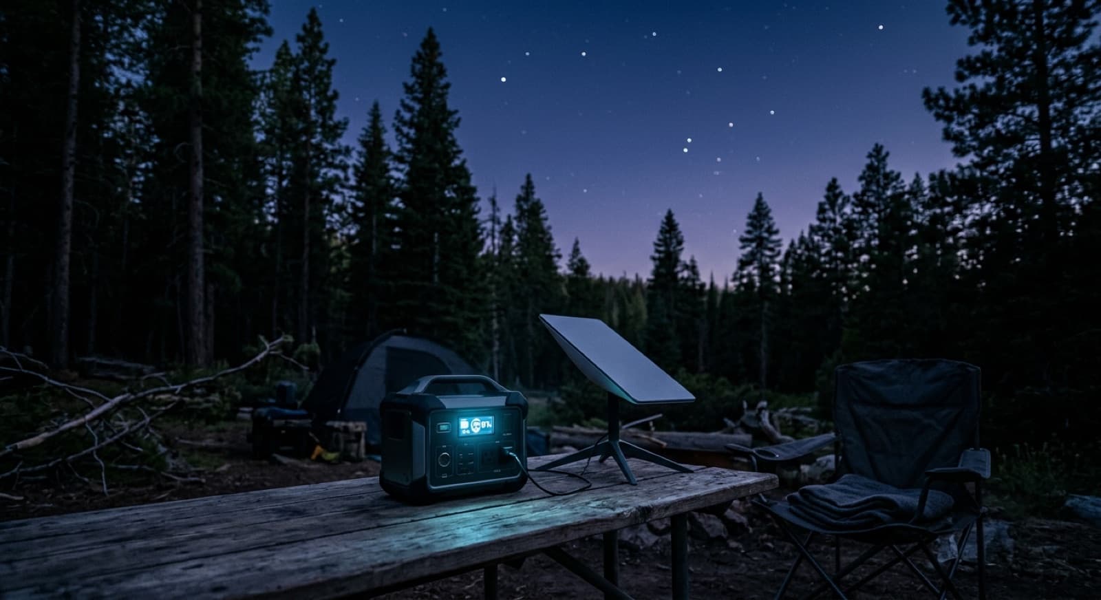 A portable power station running a small flat satellite dish on a camp table at dusk