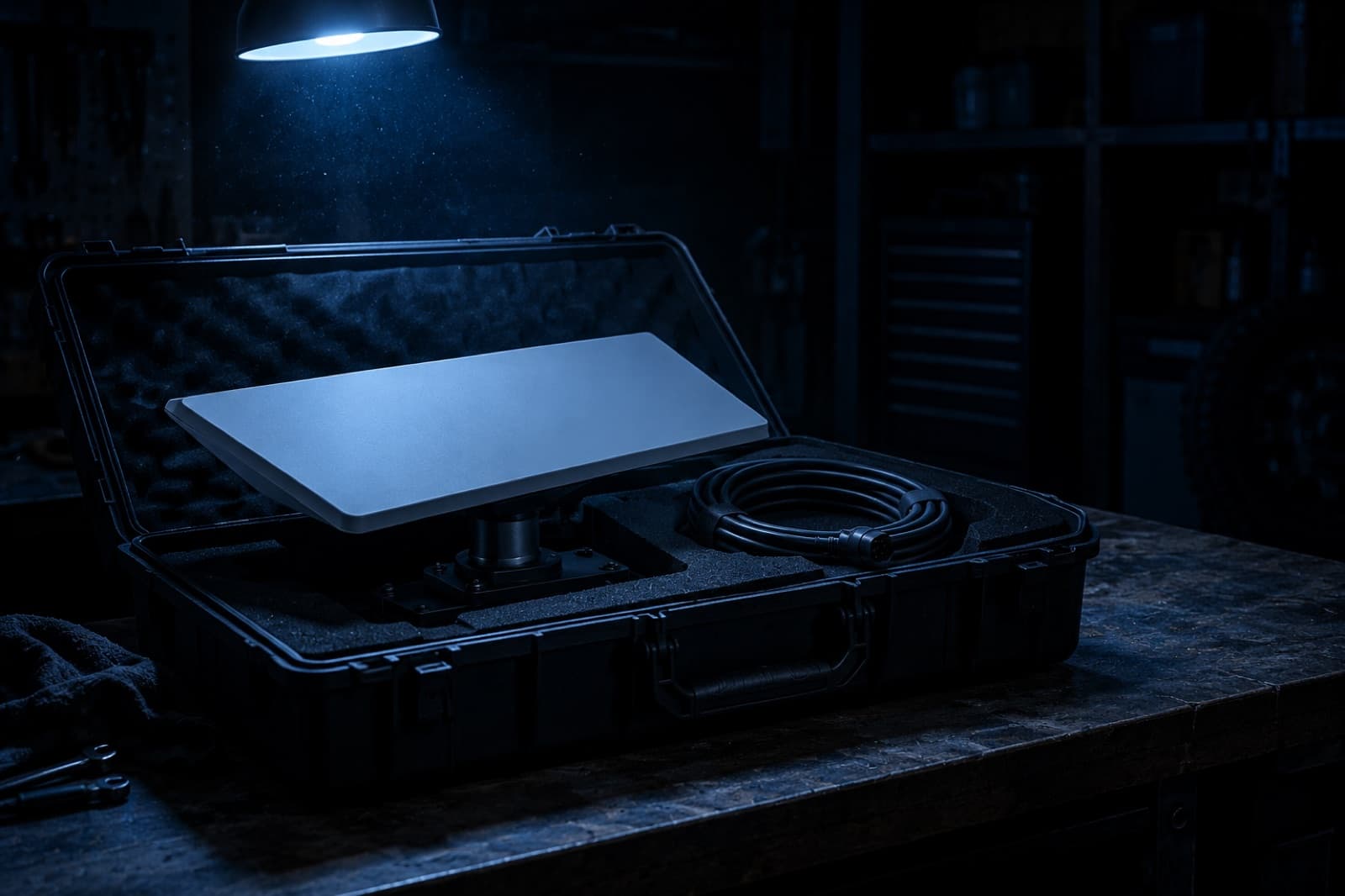 A flat satellite dish packed in a padded hard case on a workbench