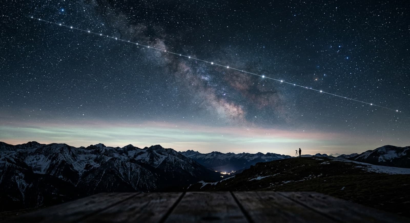 A line of satellites crossing the night sky above a mountain ridge